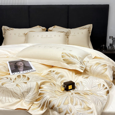 Gold Pink Cotton 100% Luxury Flower Embroidered Wedding Duvet Cover Bedding Set